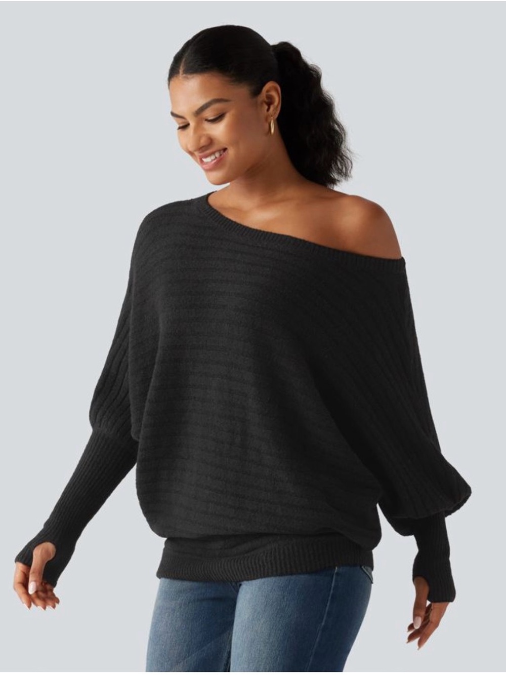 Halara Boat Neck Batwing Long Sleeve Thumb Hole Casual Wool-Blend